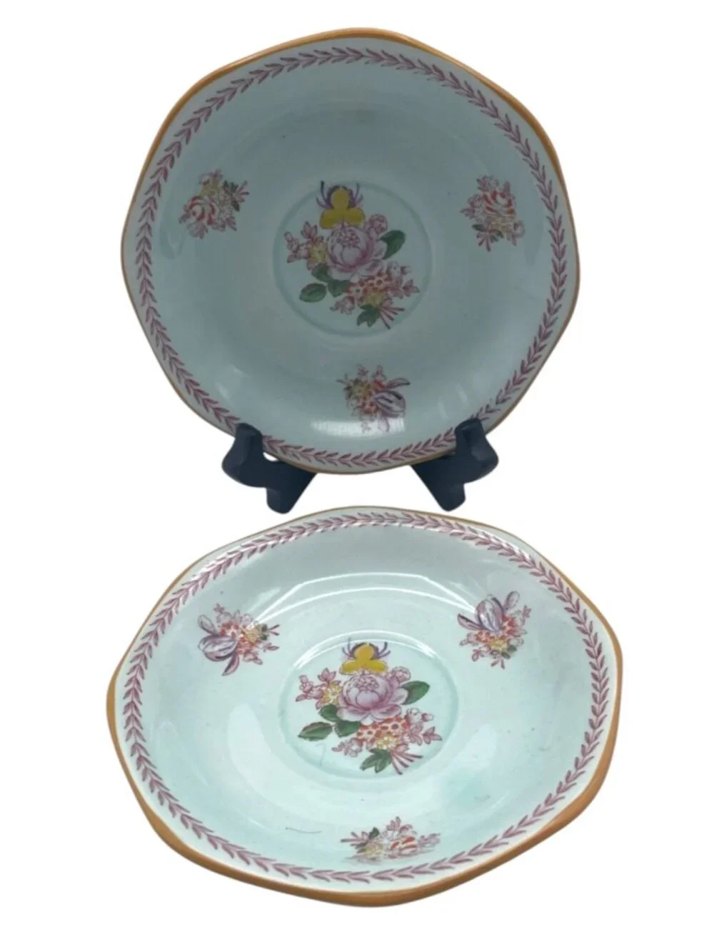 2 Adams Calyx Ware Chelsea Sprays Saucers Red Stamp Laurel Leaf England